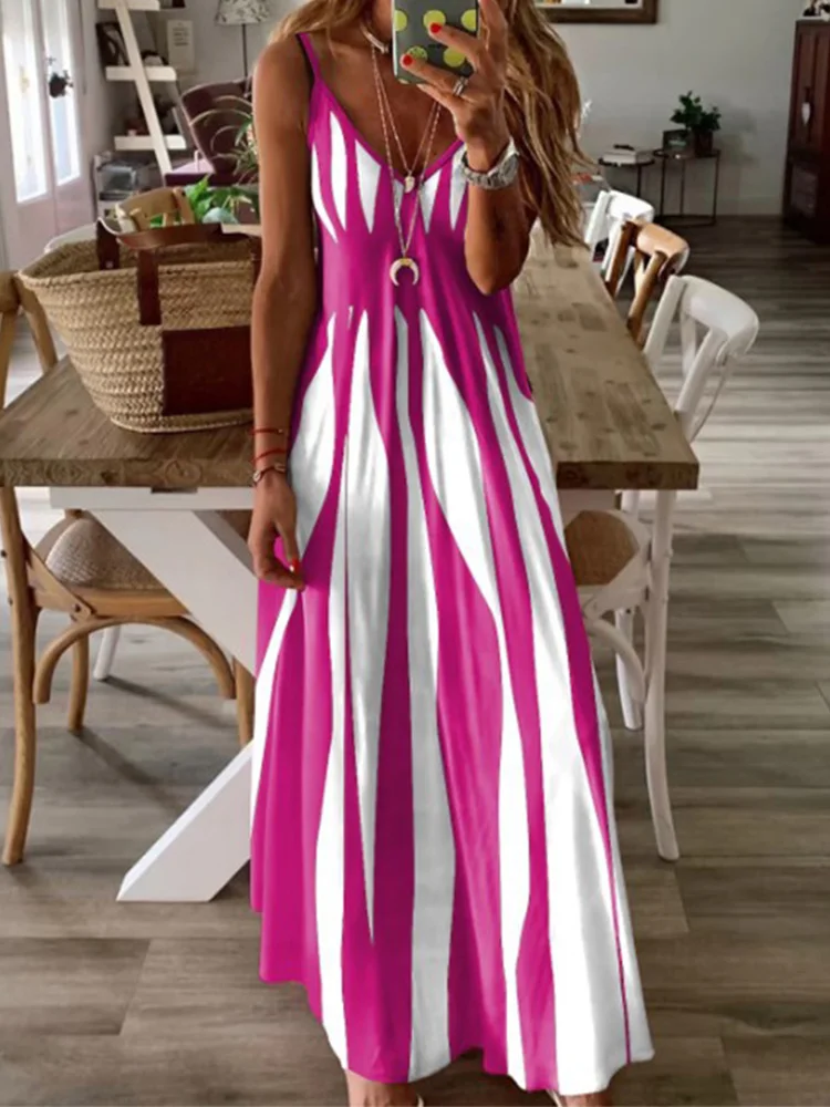 6-Color Patchwork Geometric Long Dress Women Summer Sexy Sleeveless Tank Dresses Vestidos 6