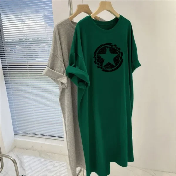 Women Chic Printed Dress, Summer Casual Loose Pullover Tunic, O-neck Over the Knee Long O-nenck Vintage Basics Dresses 5