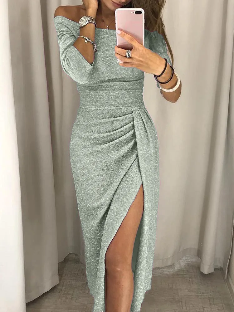Bright Glitter Bodycon Dress Women Sexy Off Shoulder Long Sleeve Slit Fashion Elegant Evening Party Long Dress Female Clothes 4