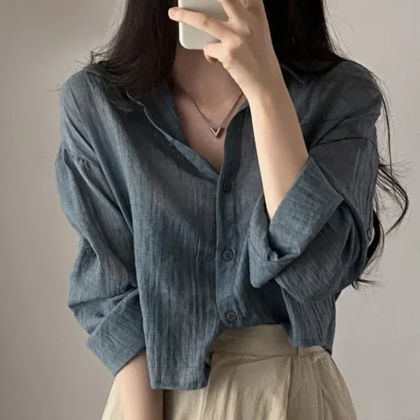 Trendy Shirt Blouse Simple Thin Pure Color Anti-UV Shirt Anti-fade Shirt Top Women Solid Color Sun Protection 2