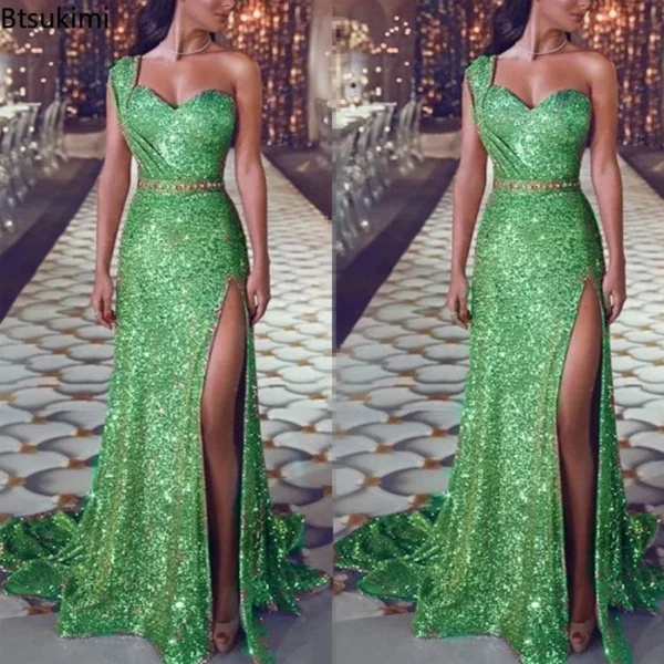 2024 Women's Wedding Party Dress Evening Elegant Sexy Deep V Neck One Shoulder Sleeveless Sequined Long Maxi Dresses For Women 4