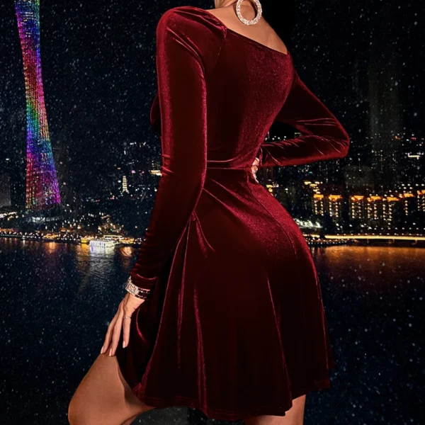 Women V-Neck Velvet Dress Elegant Long Sleeve Simple Solid Color Dress Slim Fit A-line Skirt For Evening Party 2