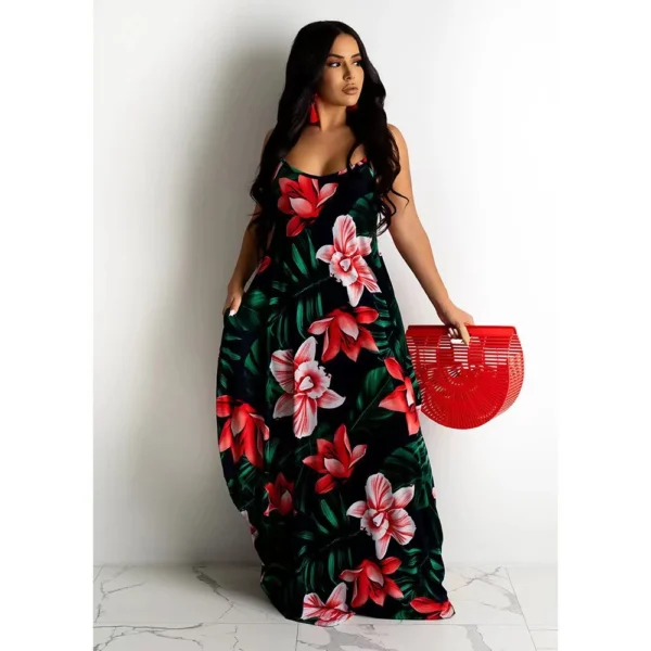 2024 AliExpress European and American cross-border summer new floral print loose slip dress long skirt 2