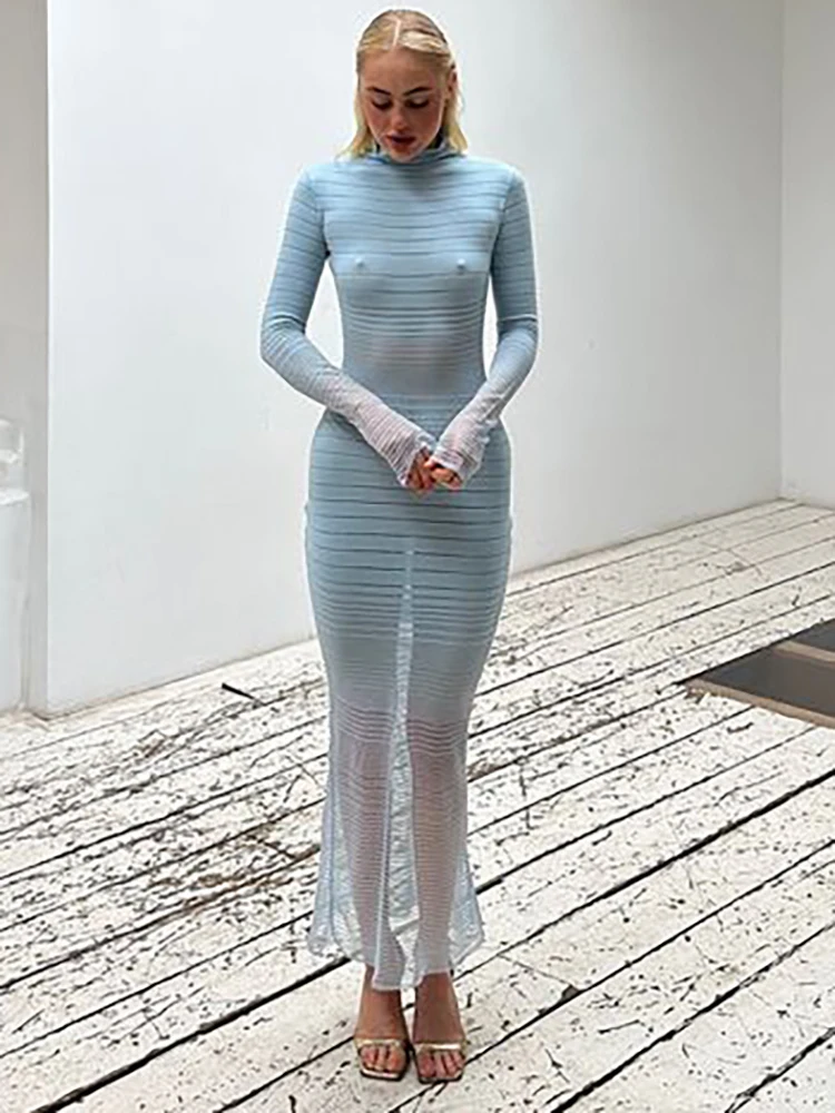 JULISSA MO Knit Sexy See Through Maxi Dress For Women Pink Turtleneck Long Sleeve Evening Dress Summer Skinny Elegant Beachwear 5
