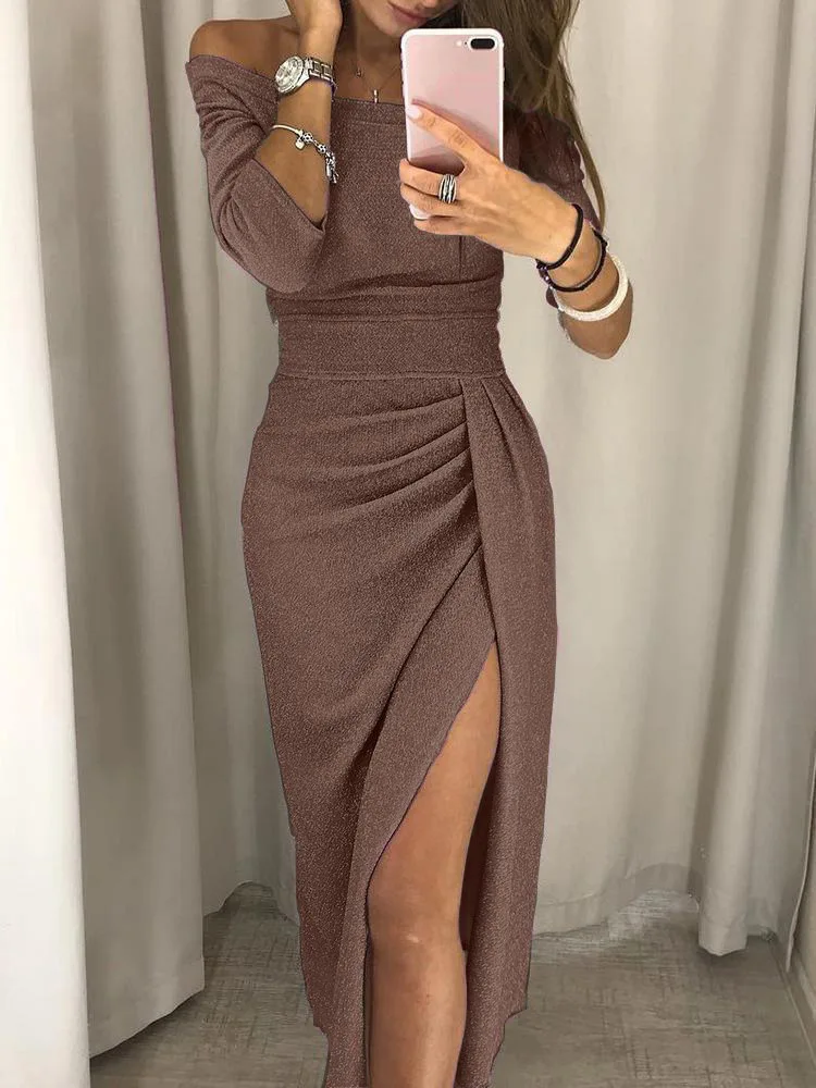 Bright Glitter Bodycon Dress Women Sexy Off Shoulder Long Sleeve Slit Fashion Elegant Evening Party Long Dress Female Clothes 6