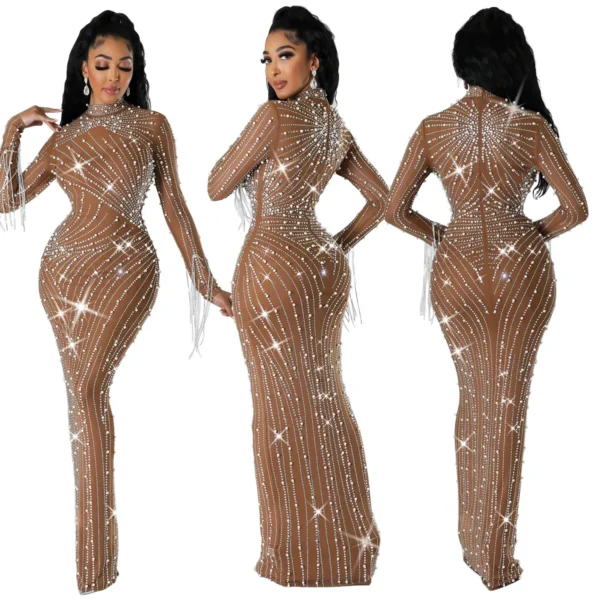EINYOO Luxury Women's Mesh Diamonds Long Sleeve Prom Dresses Party Formal Bodycon Evening Gown Vestidos Clothing Traf Y2k Zevity 1