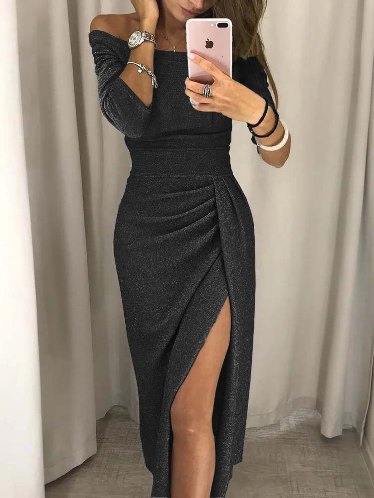 Bright Glitter Bodycon Dress Women Sexy Off Shoulder Long Sleeve Slit Fashion Elegant Evening Party Long Dress Female Clothes 5