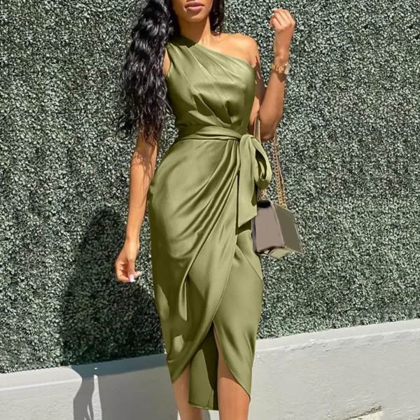 One Shoulder Sexy Dresses For Womens Soild Ruched Slit Dresses With Belt Sleeveless Long Evening Prom Formal Party Dress Vestido 3
