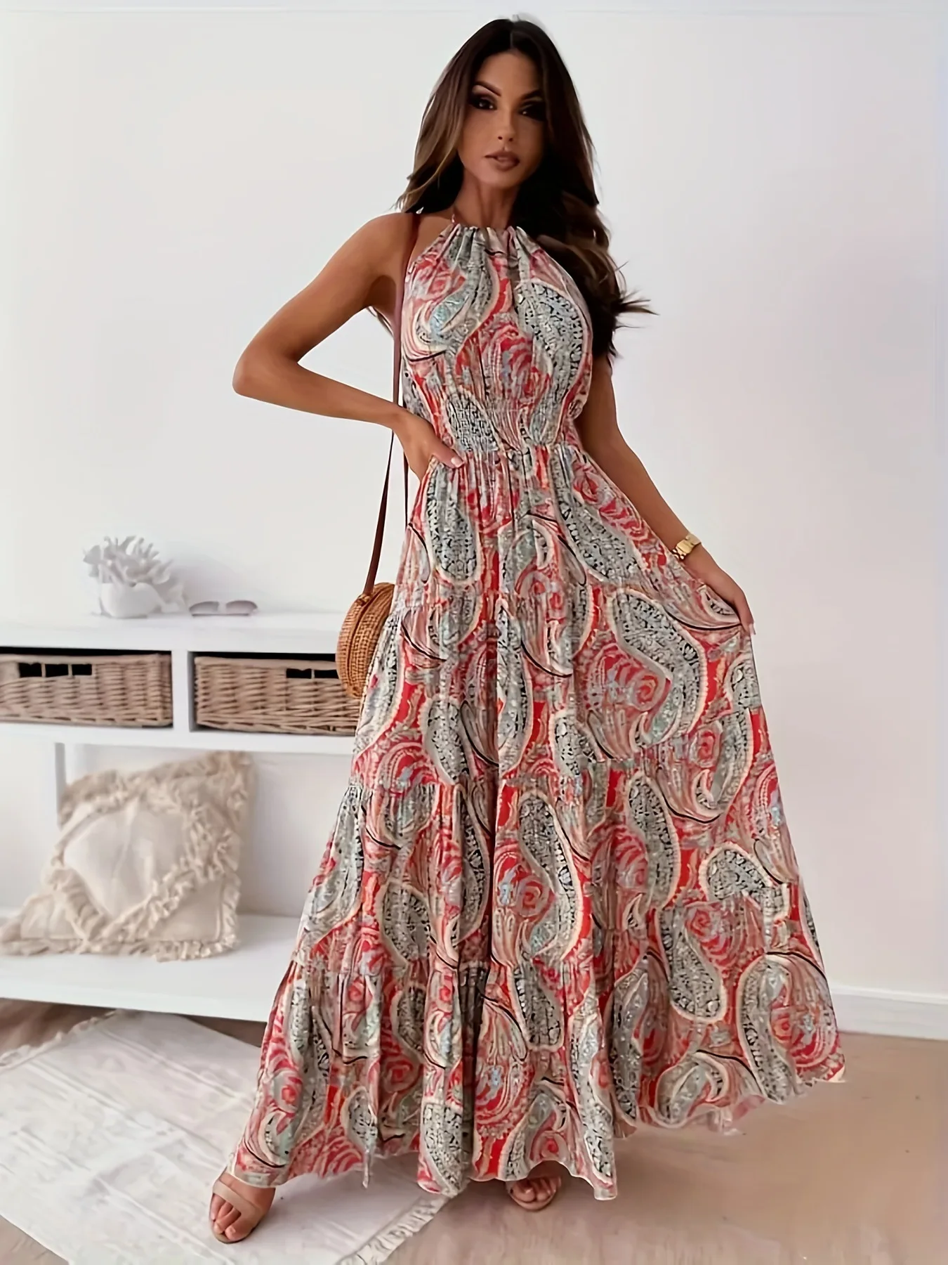 Contrast Color Female Dresses Elegant Loose Summer 2024 Beach Women’s Long Dress High Waist Sleeveless New Fashion Midi Length 1