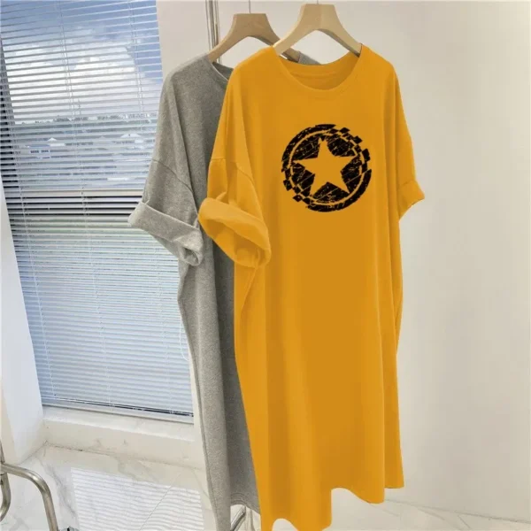 Women Chic Printed Dress, Summer Casual Loose Pullover Tunic, O-neck Over the Knee Long O-nenck Vintage Basics Dresses 3