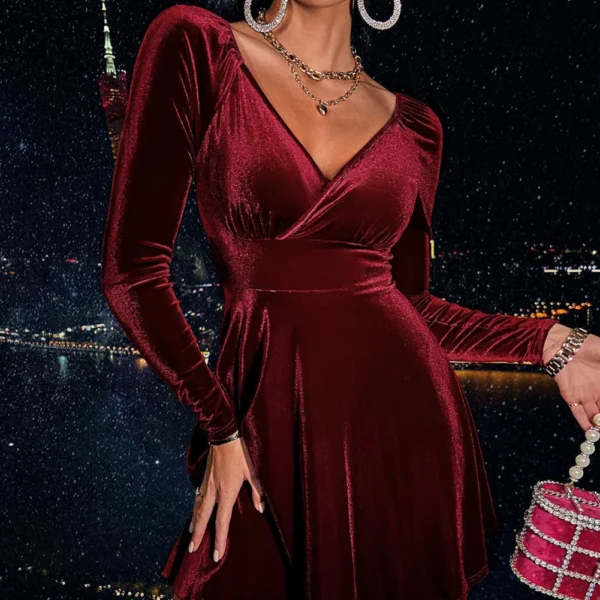Women V-Neck Velvet Dress Elegant Long Sleeve Simple Solid Color Dress Slim Fit A-line Skirt For Evening Party 1