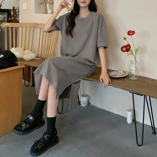 Large Size Short Sleeved Casual Dress For Women Summer New Loose Solid Color Mid Length Over The Knee Long Dressed For Women 4