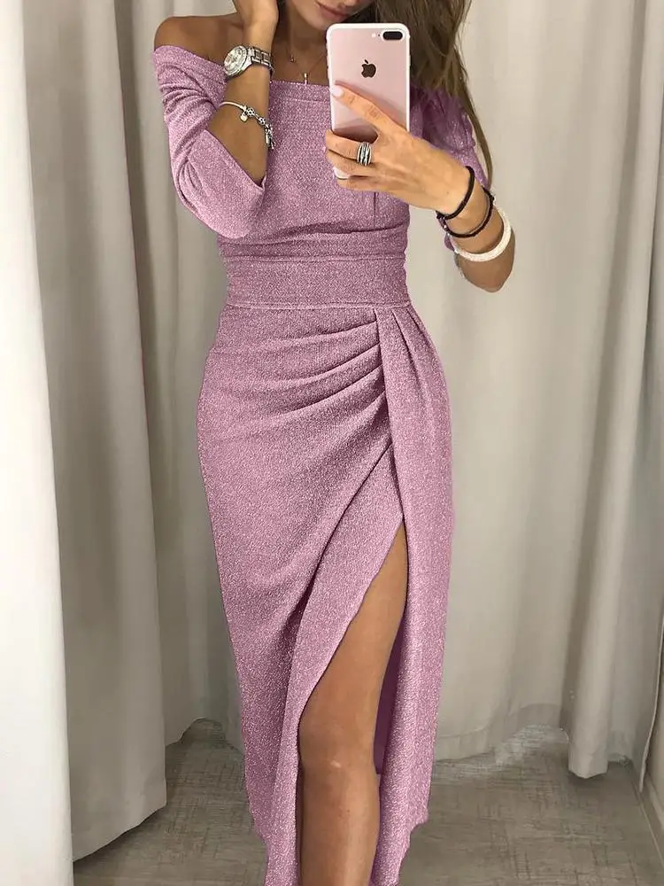Bright Glitter Bodycon Dress Women Sexy Off Shoulder Long Sleeve Slit Fashion Elegant Evening Party Long Dress Female Clothes 2