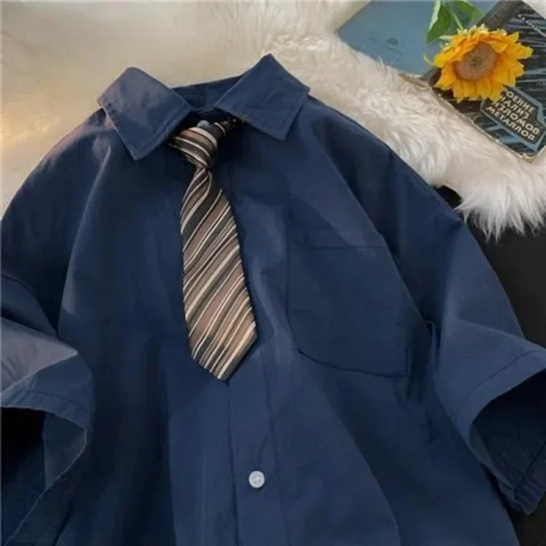 DAYIFUN Brown Vintage Shirts Female Japanese Urban Girl Tooling Short-sleeved Blouses Oversize Five-point Sleeve DK Uniform Tops 3