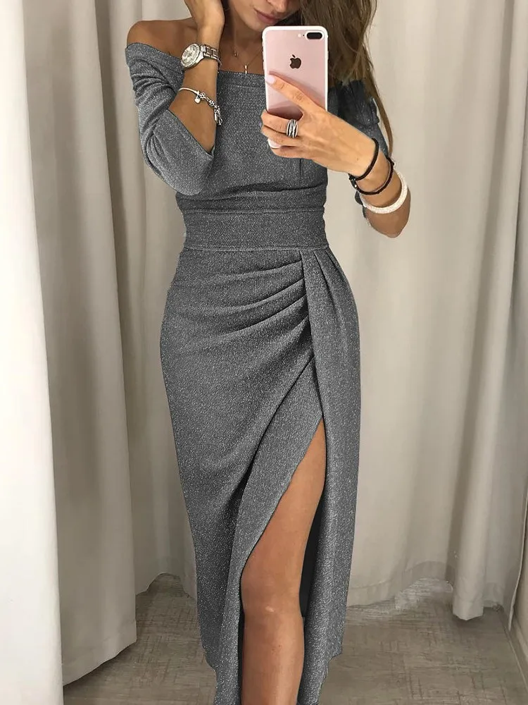 Bright Glitter Bodycon Dress Women Sexy Off Shoulder Long Sleeve Slit Fashion Elegant Evening Party Long Dress Female Clothes 3