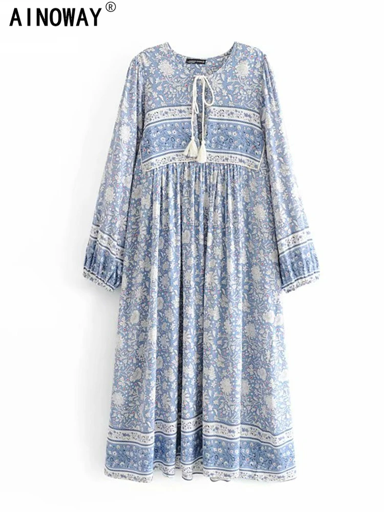 Vintage Chic Women Tie Neck Long Sleeve Floral Porcelain Print Beach Bohemian Maxi Dresses Ladies Rayon Cotton Boho Dress Robe 1