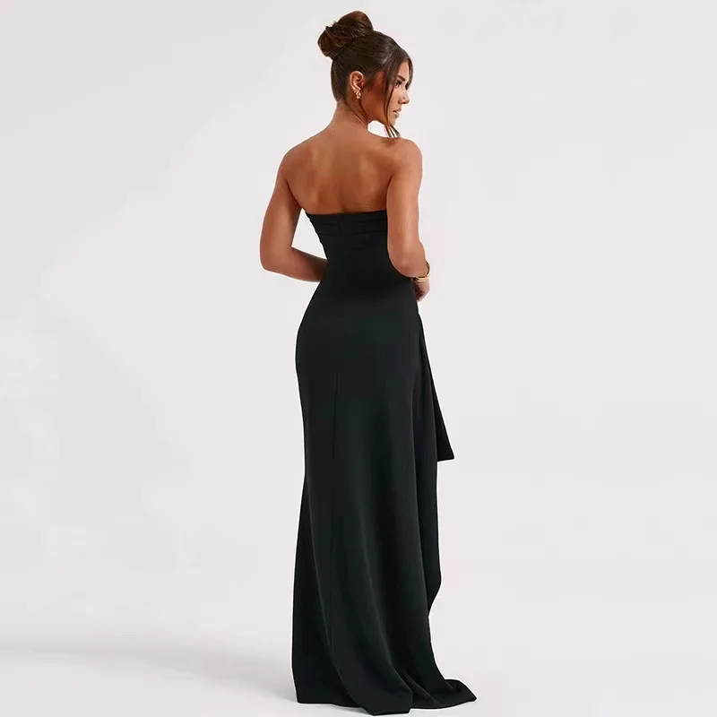 24 New Evening Dress Party Women's Word Collar Tube Top Dress Sexy Backless High Slit Dress 4