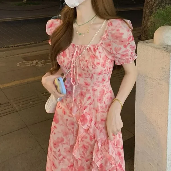 Dress Summer Fashion White Elegant Ladies Backless Clothes Puff Sleeve Floral Print Slit Long Dresses For Women New Arrival 5