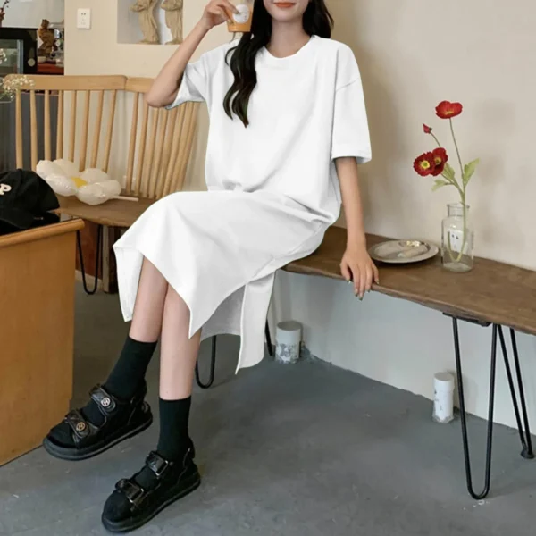 Large Size Short Sleeved Casual Dress For Women Summer New Loose Solid Color Mid Length Over The Knee Long Dressed For Women 3
