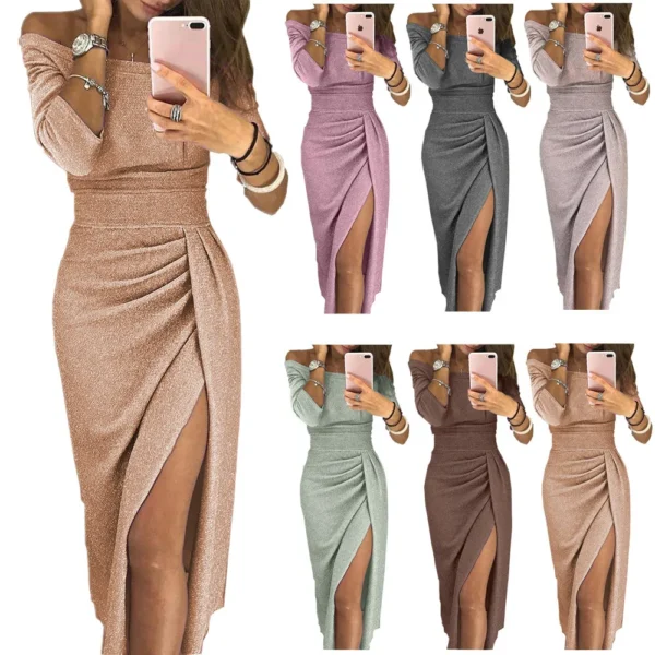 Bright Glitter Bodycon Dress Women Sexy Off Shoulder Long Sleeve Slit Fashion Elegant Evening Party Long Dress Female Clothes 1