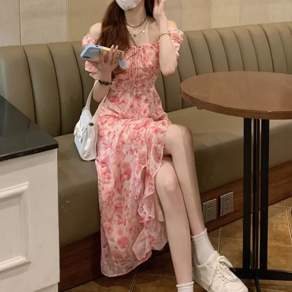 Dress Summer Fashion White Elegant Ladies Backless Clothes Puff Sleeve Floral Print Slit Long Dresses For Women New Arrival 4