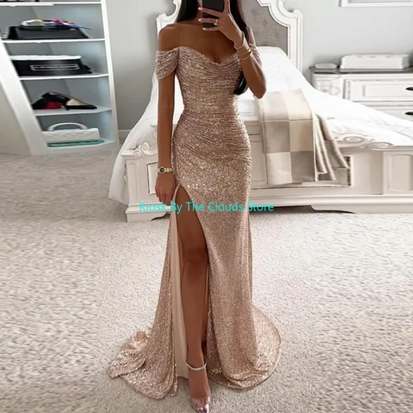 Summer Dress SkinnySequin Pleated Split Maxi Bodycon Dress Slim Fit Off Shoulder Evening Party Prom Dress Birthday Clubwear 5