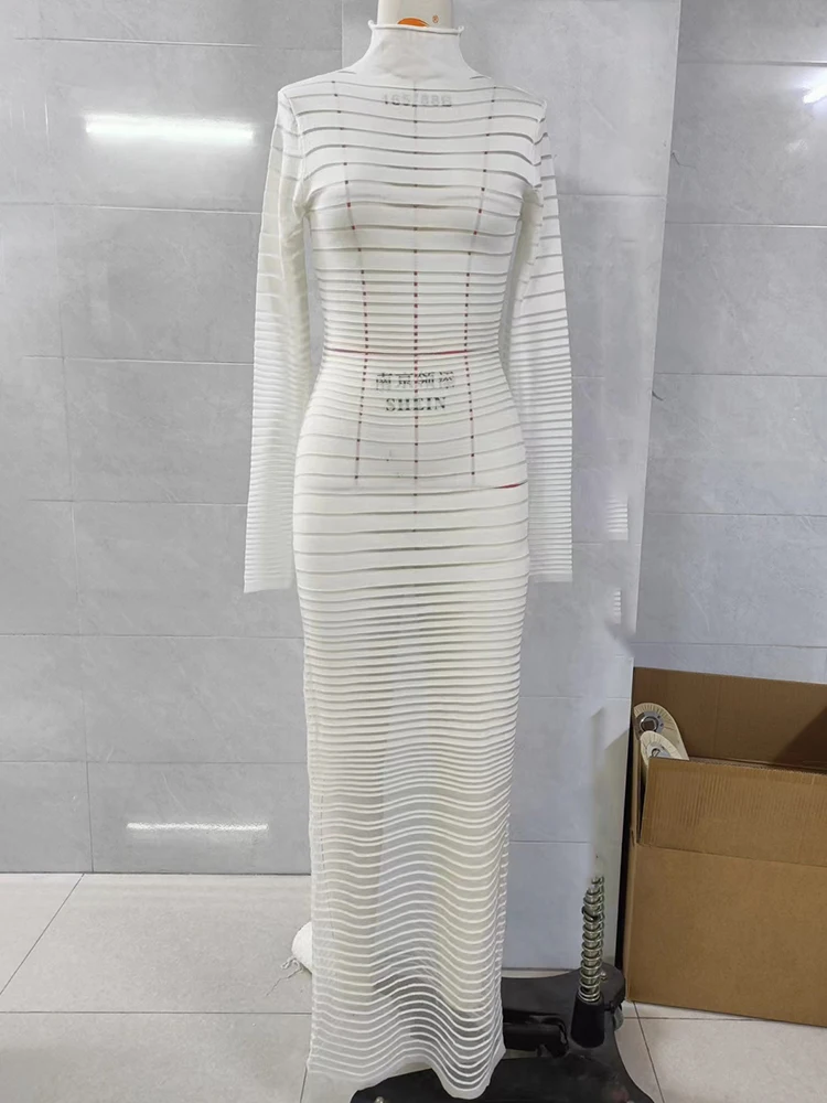 JULISSA MO Knit Sexy See Through Maxi Dress For Women Pink Turtleneck Long Sleeve Evening Dress Summer Skinny Elegant Beachwear 6