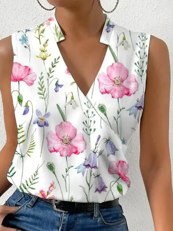 Fashion V-neck Sleeveless Print Women Tops And Blouses 2023 Summer Casual White Tank Top Femme Shirt Blouse 2