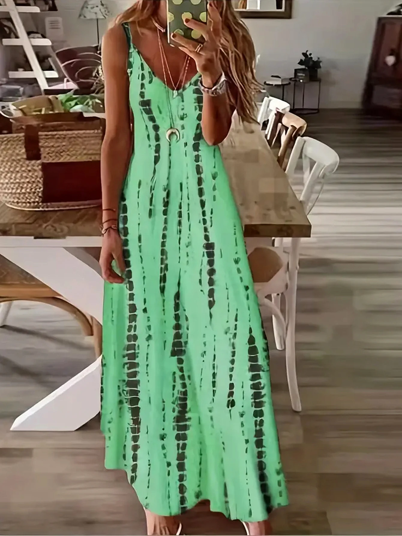 Women's Casual Loose V-neck Tie Dye Printed Spaghetti Maxi Dress Summer Beach Vacation Long Dress 4