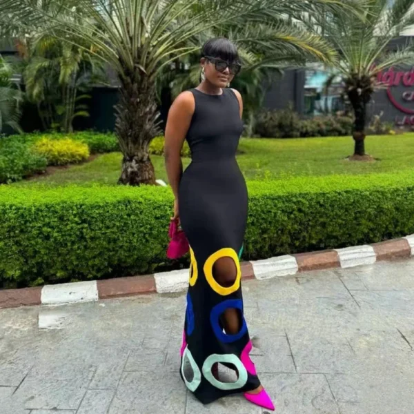 Colorful Hollow Out Summer Dress Women Elegant Round Neck Slim Club Party Dresses Sleeveless Long Holiday Beach Outfits 2024 3