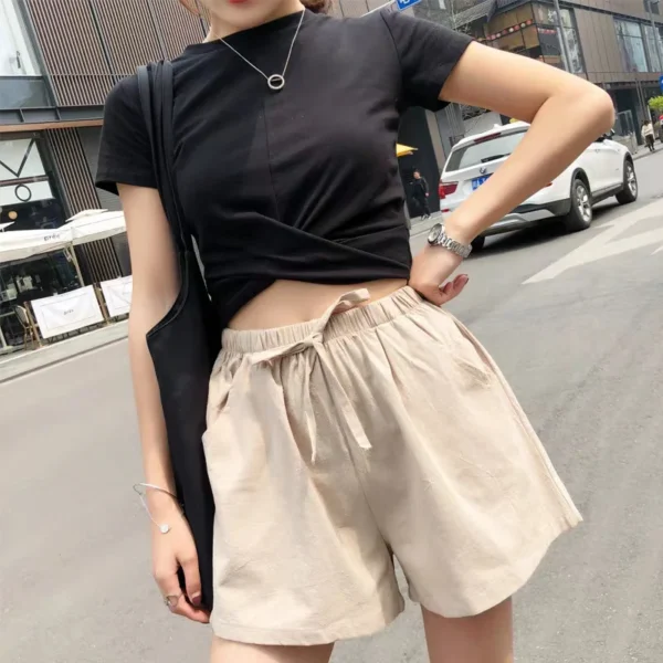 Solid Casual Linen Shorts Summer High Waist Women Workout Shorts Fashion Gym Sports Shorts Ladies Shorts Sport Basic Pants Femme 3