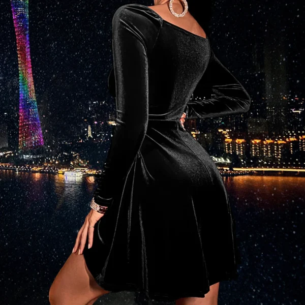 Women V-Neck Velvet Dress Elegant Long Sleeve Simple Solid Color Dress Slim Fit A-line Skirt For Evening Party 4