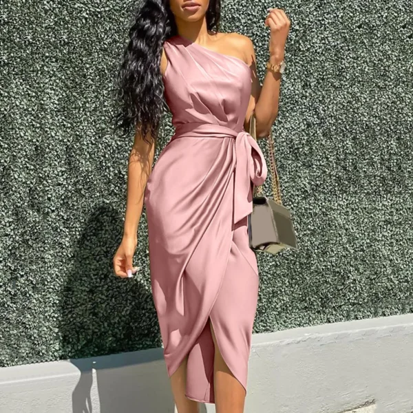 One Shoulder Sexy Dresses For Womens Soild Ruched Slit Dresses With Belt Sleeveless Long Evening Prom Formal Party Dress Vestido 2