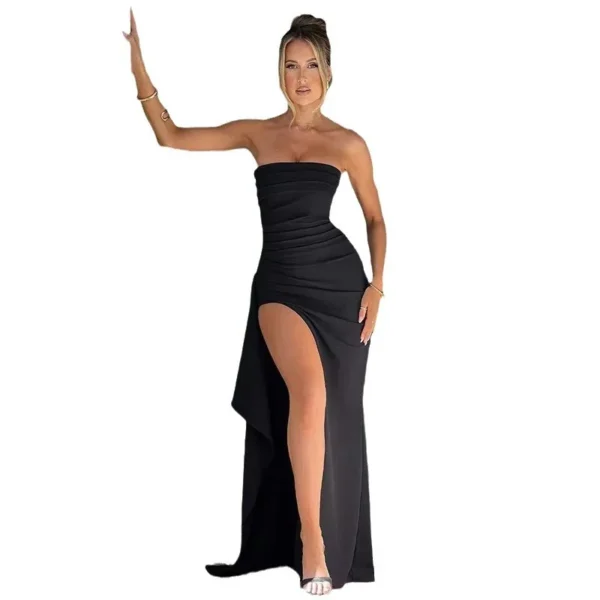 24 New Evening Dress Party Women's Word Collar Tube Top Dress Sexy Backless High Slit Dress 5