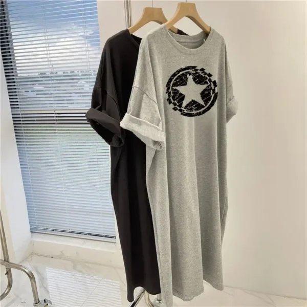 Women Chic Printed Dress, Summer Casual Loose Pullover Tunic, O-neck Over the Knee Long O-nenck Vintage Basics Dresses 6