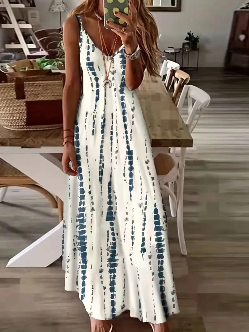Women's Casual Loose V-neck Tie Dye Printed Spaghetti Maxi Dress Summer Beach Vacation Long Dress 1