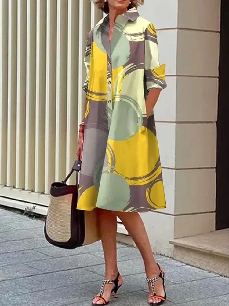 Bohohipei 2024 New Spring Female British Style Printed Loose Casual Shirts Dress Long Sleeves Buttoned Pockets Evening Dresses 2