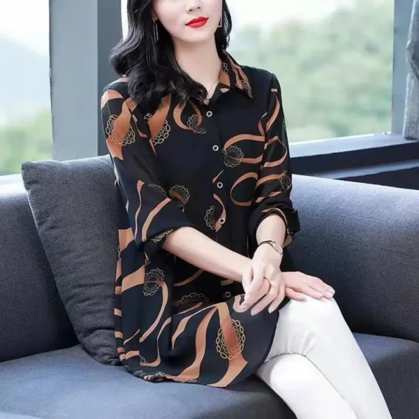 Lapel Long Sleeve Casual Shirt Single-breasted Thin Mid-aged Blouse Top Mother Printing Mid-length Shirt Daily Garment 3