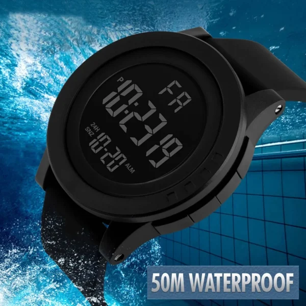 Mens Women Digital Watch Big Dial Light LED Swim Waterproof Rubber Band Alarm Black LED Watches 4